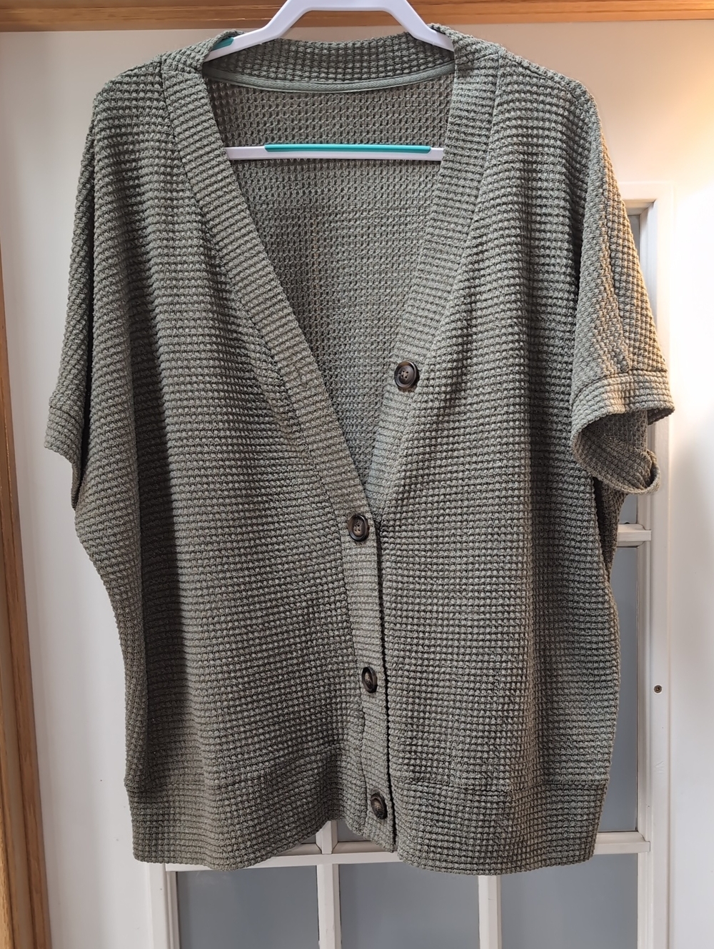 Short-Sleeve Button Cardigan Sweater - Sage Green